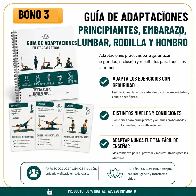 Bono 3 — Guía de adaptaciones: principiantes, embarazo, lumbar, rodilla y hombro