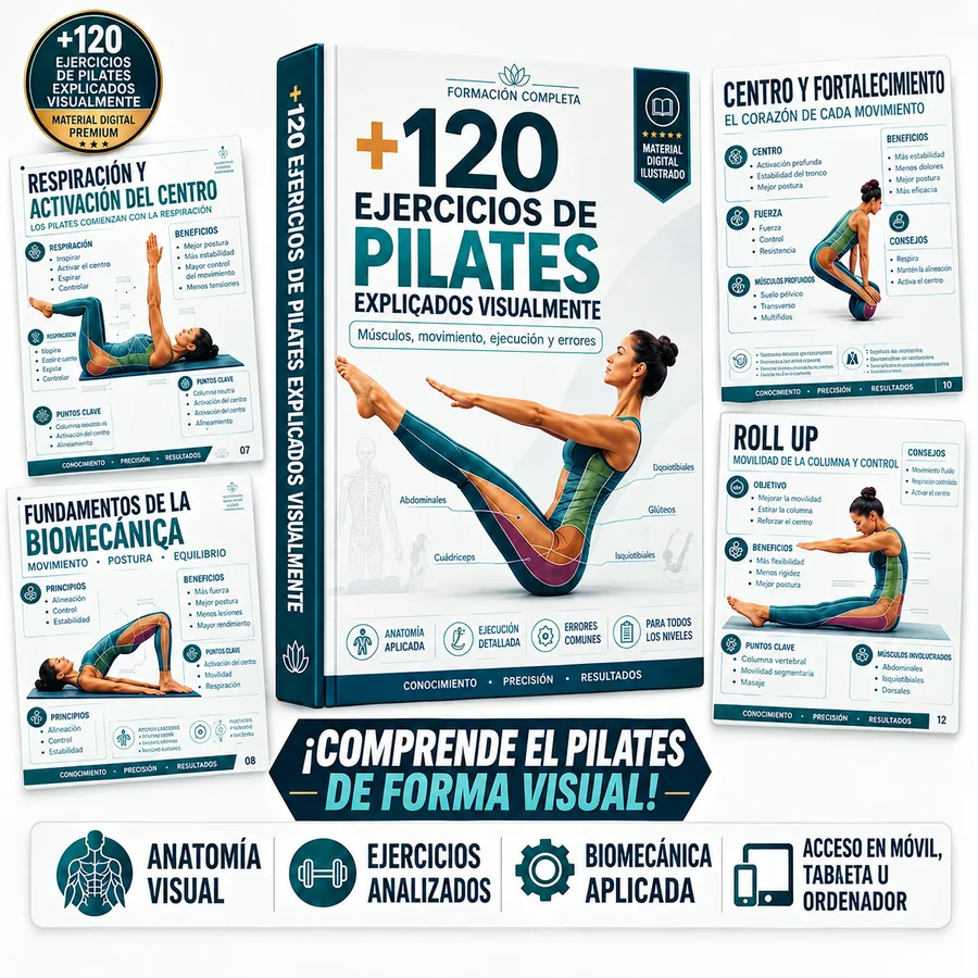 Portada y fichas de la guía +120 Ejercicios de Pilates Explicados Visualmente