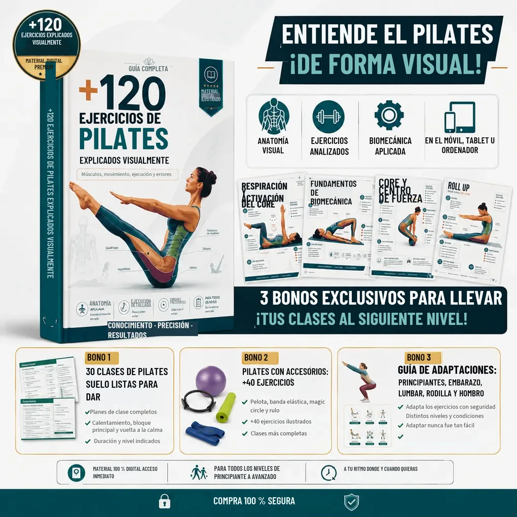 Guía completa y 3 bonos: 30 clases listas, Pilates con accesorios y guía de adaptaciones